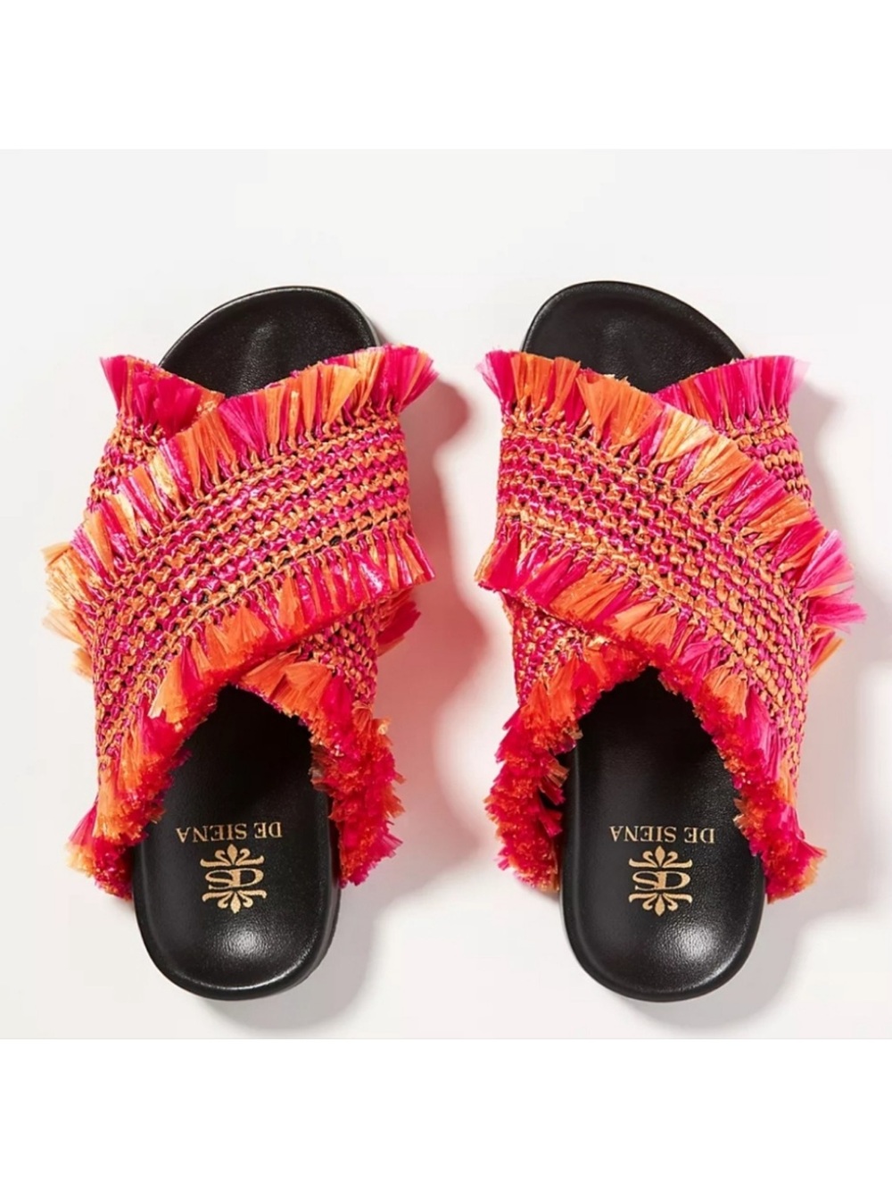 Anthropologie Pink and Orange Fringed Woven Slide Mules
